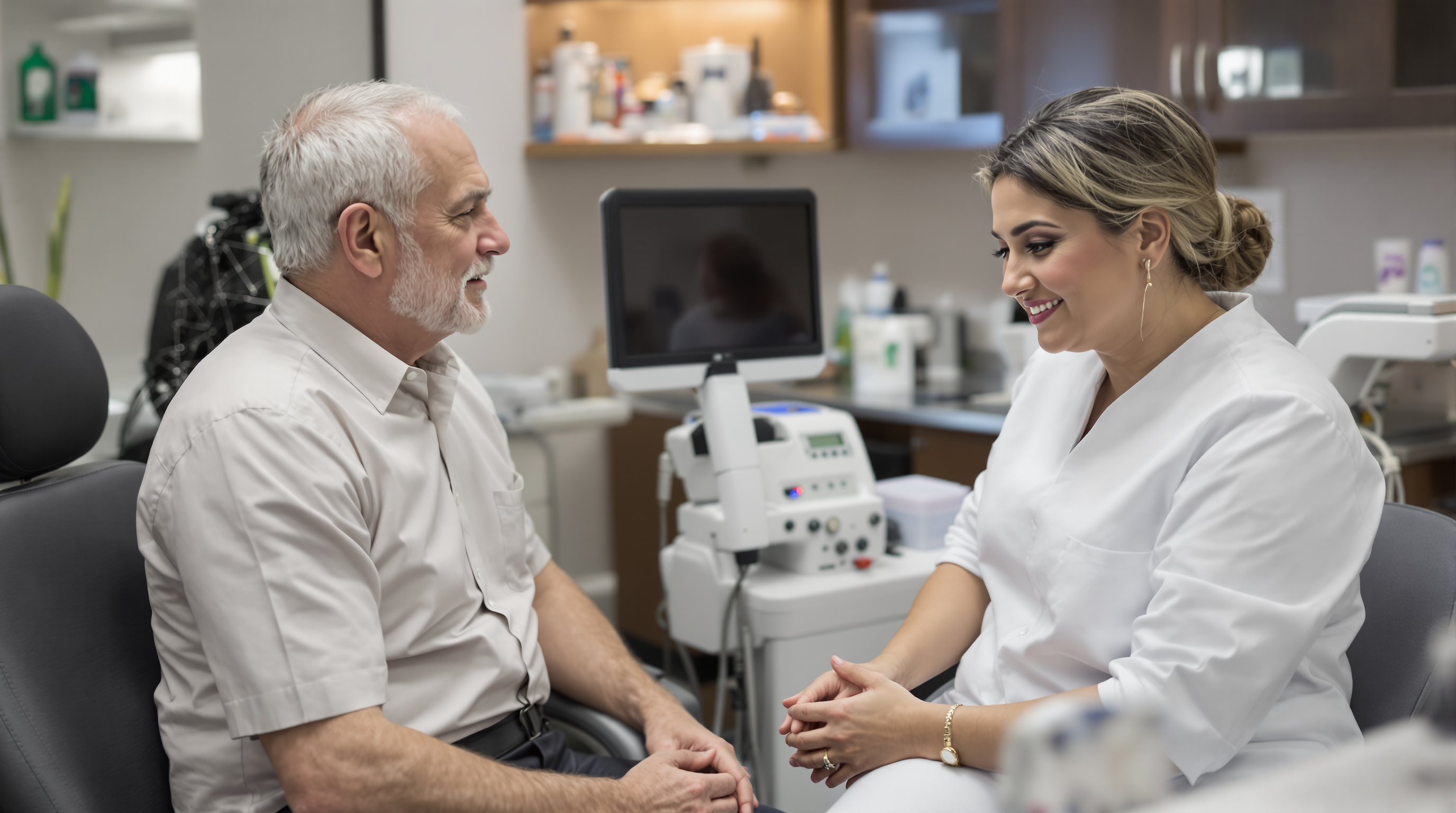 A patient in consultation with a provider across a clean desk in a modern medical aesthetics clinic
