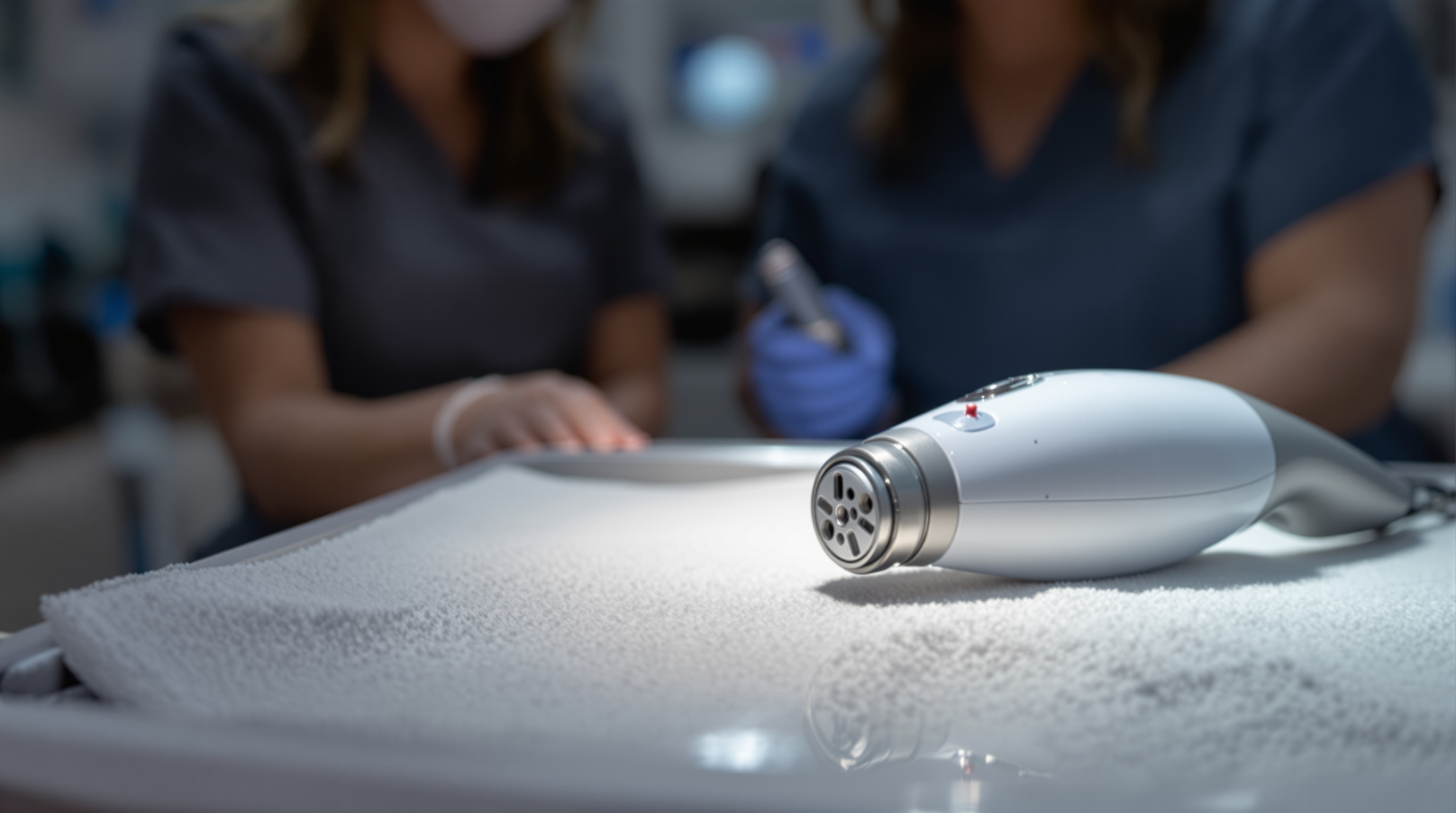 A licensed aesthetician guiding a laser hair removal applicator across a patient's lower leg in a clinic