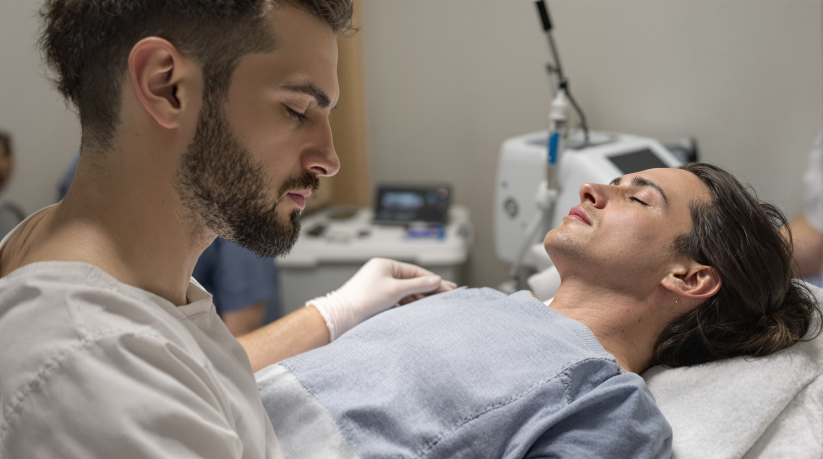A gloved aesthetician guiding a laser hair removal handpiece across a seated man's upper back in a bright clinic