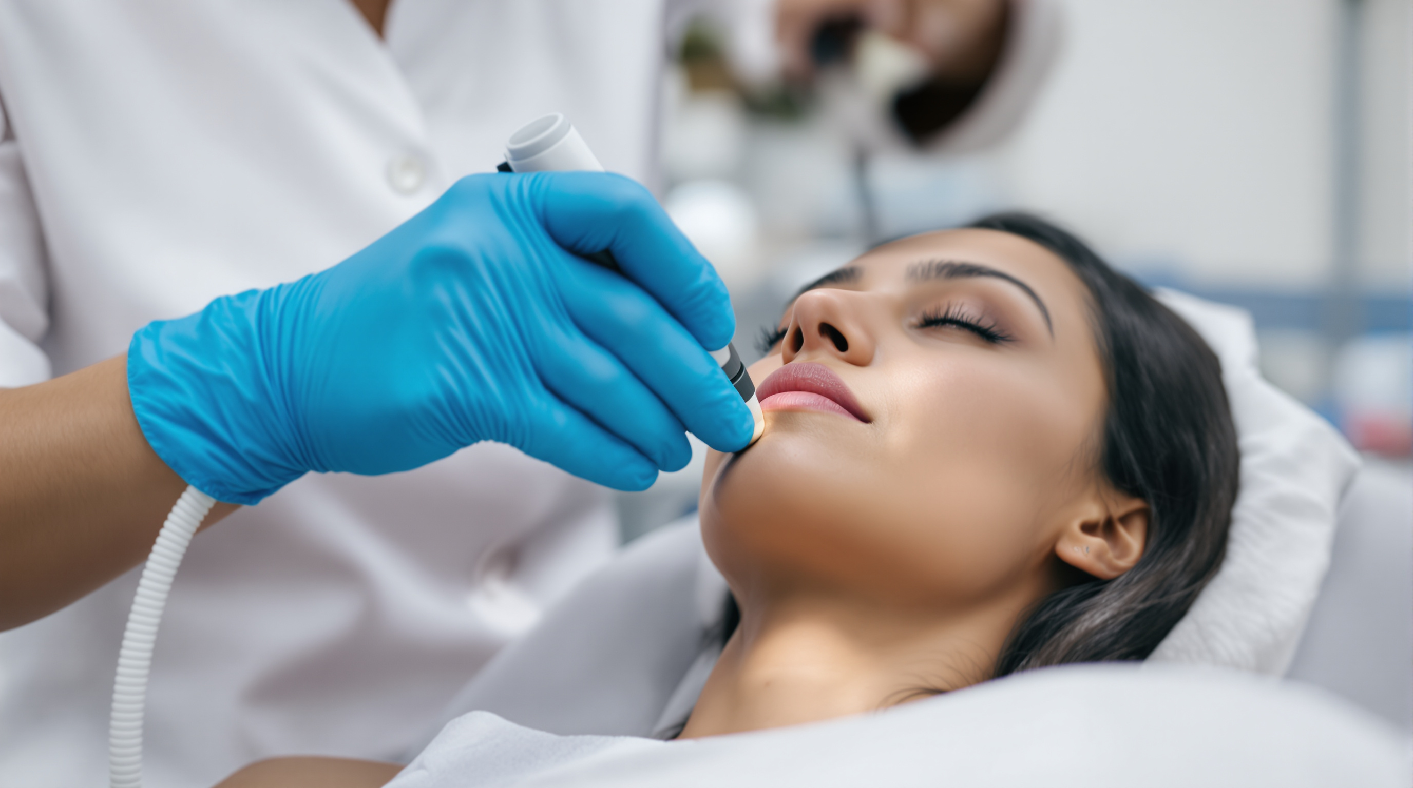 A clinician gently examining the skin of a patient's forearm under soft daylight in a dermatology office