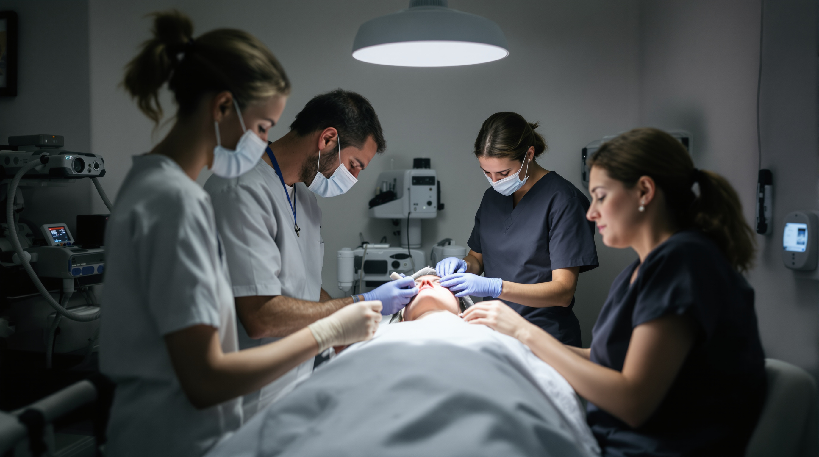 A clinician in a bright treatment room reviewing an appointment calendar on a tablet, laser handpiece resting on the counter beside her.